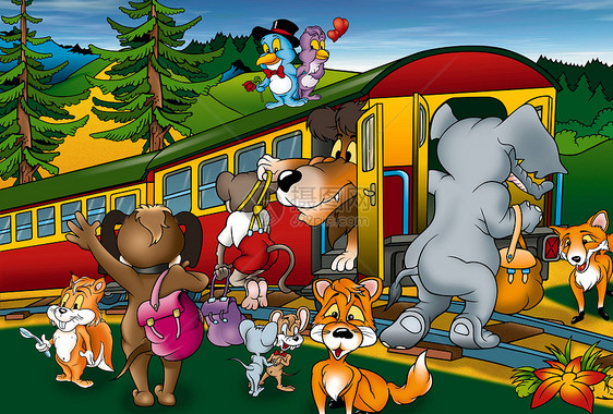 火车旅行旅游树木狮子运输插图马车绘画狐狸鸟类旅行者图片