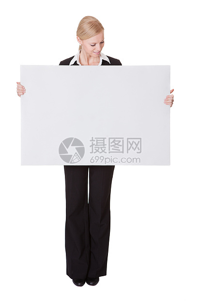 展示空横幅的女商务人士横幅卡片商业海报推介会金发美丽工人女士木板图片