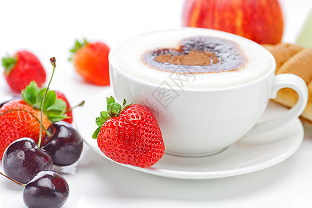 卡布奇诺咖啡杯 以红心 樱桃 香肠和甲板花瓶面包浆果食物盘子水果甜点生活羊角图片