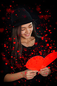 女孩阅读情人节日卡卡片热情心形青少年情感感情帽子花瓣笔记女士图片