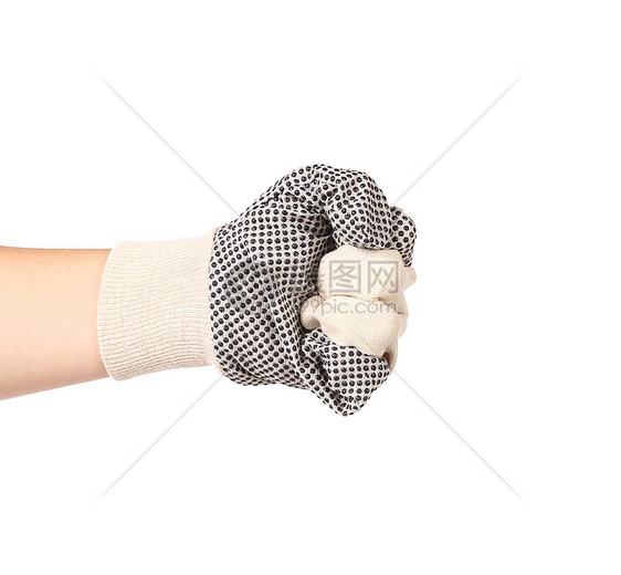 强壮的男性工人手手套紧握拳头健康卫生工作材料织物皮革橡皮生活衣服安全图片