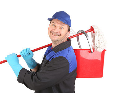 男人拿着扫帚和桶清洁家务男性工人清洁工家政拖把手套房子工作图片