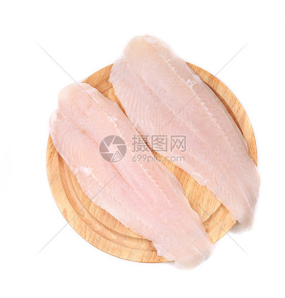 新鲜的香肠片鱼片食物圆形木板淡水盘子草本植物木头美食熟食图片