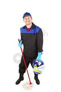 男人在工作服上用桶和拖把建造瓶子清洁工职业权限维修服务管道工业工人图片