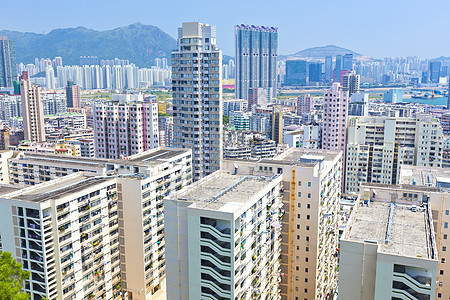 香港的公屋财产蓝色住宅家庭植物城市土地民众公寓窗户图片