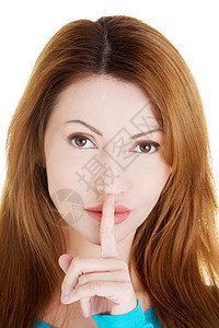 女人用手指在她的嘴唇上阴谋女性化女孩女士白色秘密惊喜工作室手势女性图片
