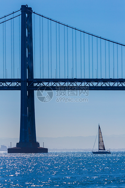 来自加利福尼亚州7号码头的旧金山湾桥帆船蓝色建筑学景观天空晴天血管旅行城市航行地标图片