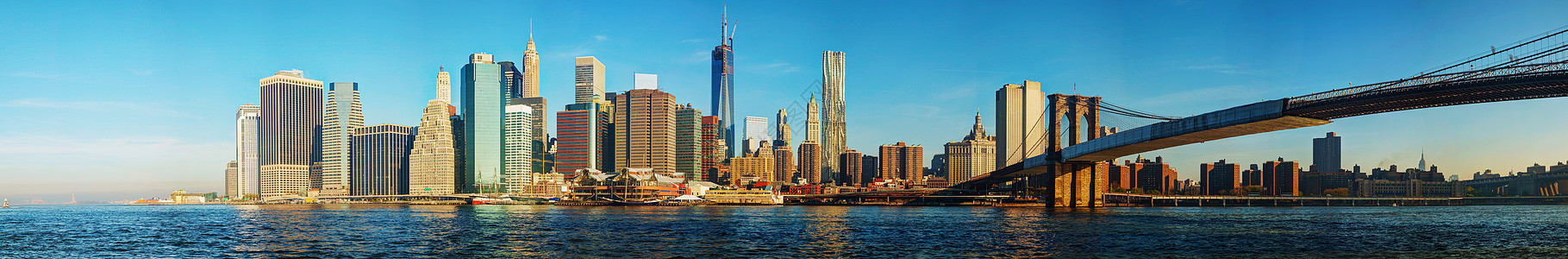 纽约市与布鲁克林桥的城市风景摩天大楼建筑学金融景观旅行码头市中心日出全景城市图片