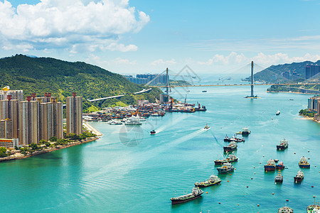 香港市海景建筑天际晴天公寓住宅城市渡船景观风景图片