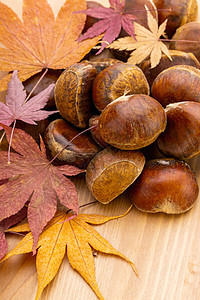 秋天的栗子棕色桌子团体木头红色黄色蔬菜种子坚果美食图片