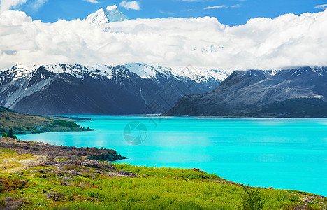 普卡基湖顶峰远景旅游支撑岩石青木公吨全景季节日光图片