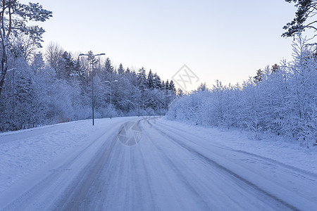 冬季森林 道路铺满了雪雪公园雪花荒野新年季节天空美丽花园横线木头图片