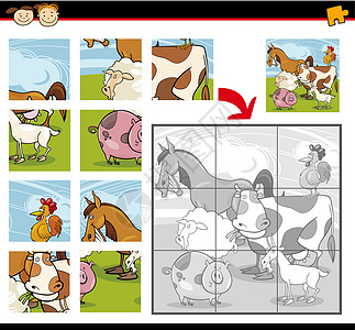 卡通农场动物拼图拼图快乐游戏图表幼儿园积木孩子们公鸡教育山羊奶牛图片