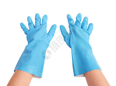 用于用白色背景的手清洗手套的手套剪裁看门人安全清洁工洗碗机橡皮家务手臂手指卫生图片