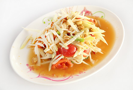 白桌上的木瓜沙拉辣椒食物螃蟹热带蔬菜午餐柠檬香料文化美食图片