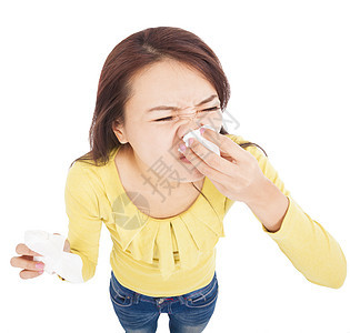 年轻女子用痛苦的面孔打喷嚏保健咳嗽流感鼻子治疗疼痛成人过敏纸巾疾病图片