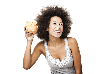 女人有小猪银行金融情感快乐女孩储蓄小猪微笑钱盒女性乐趣图片
