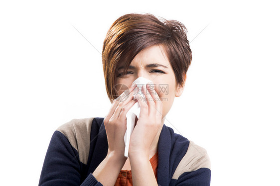 患病妇女手帕咳嗽季节性鼻子流感成人女性白色喷嚏面巾纸图片