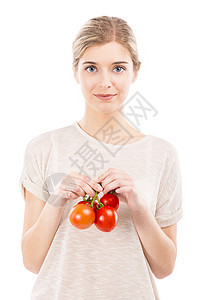 养红番茄的漂亮女人微笑饮食成人食物快乐乐趣蔬菜生物水果女孩图片