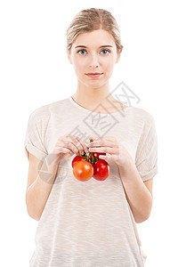 养红番茄的漂亮女人女孩饮食乐趣蔬菜快乐食物成人女性微笑水果图片