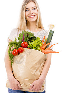 携带蔬菜的美丽女子消费者购物销售杂货店水果女孩金发成人顾客饮食图片