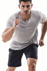 健壮的男人跑步训练力量教练慢跑者成人竞赛运动培训师白色身体图片