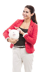拥有小猪银行的女商务人士小猪成人帐户储蓄金融微笑银行业女性钱盒商业图片