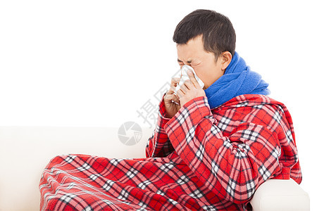 在沙发上用组织抽鼻涕的人医疗温度疾病围巾感染男人发烧男性温度计保健图片