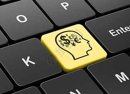 广告概念头与计算机键盘背景上的财务符号思考活动宣传头脑网络战略货币公关金融品牌图片