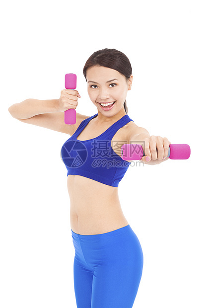 年轻女人用哑铃在她手里打工运动运动员权重运动装数字减肥训练重量女孩女士图片