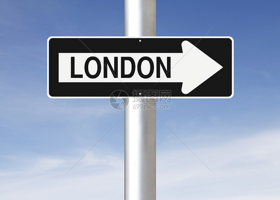 这条通往伦敦的路路标蓝色单程指示牌城市天空首都图片