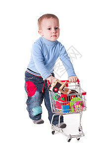男孩和购物娃娃产品水果零售店铺女性大车食物童年购物中心图片