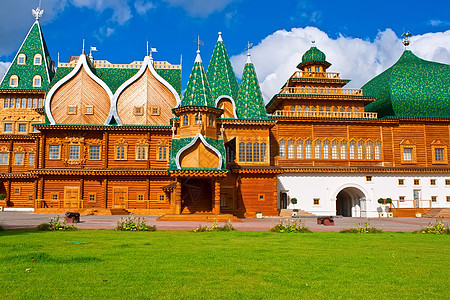 俄罗斯伍德宫殿文化蓝色白色木头历史建筑住宅教会博物馆天空图片