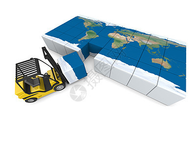国际运输工作黄色叉车仓库全世界船运车辆全球装载机贮存图片