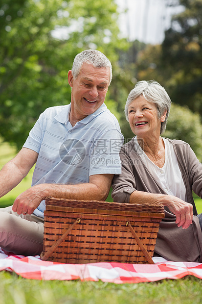 用公园野餐篮子在公园微笑老年夫妇人员成人女士灰色闲暇男性快乐农村地毯退休图片