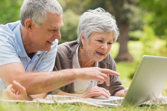 在公园使用笔记本电脑微笑老年夫妇夫妻女性手指男性成人头发退休闲暇农村女士图片