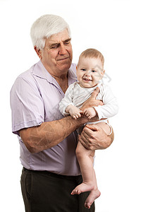 一个成熟的祖父抱孙子的肖像男生快乐微笑婴儿祖父母幸福享受喜悦情感白色图片