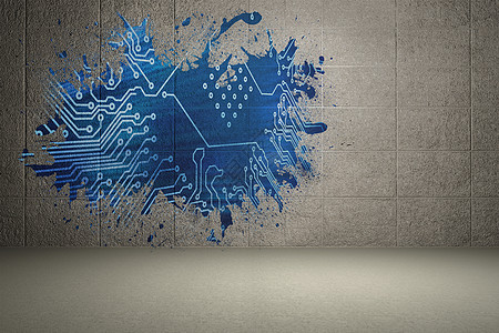 墙上喷溅显示电路板房间飞溅电脑硬件技术绘图蓝色计算机计算背景图片