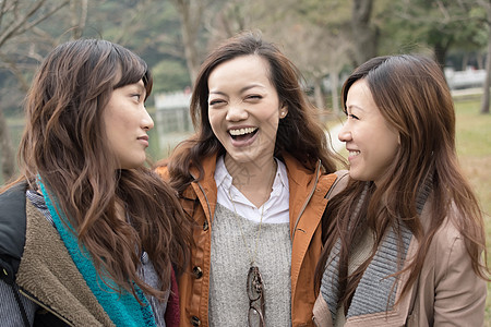 在公园中笑笑的亚洲妇女快乐女性社会微笑团体女士魅力幸福友谊图片
