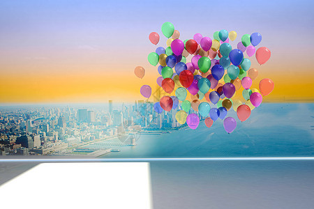 许多彩色气球与城市景象相伴的室内绘图房间派对建筑海岸线景观摩天大楼乐趣支撑计算机图片