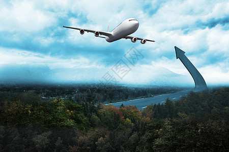道路变成箭形的复合图像旅行多云地平线天空飞行森林航班飞机阳光航空图片