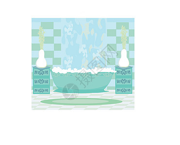 现代卫生间内部插图温泉蓝色架子绿色龙头陶瓷盥洗奢华浴缸图片