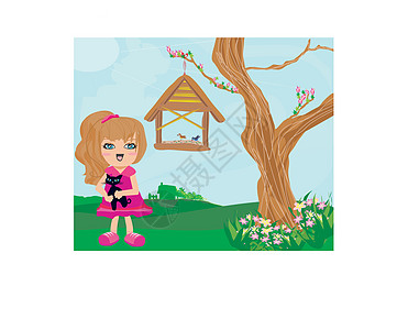 甜甜的女孩和她的猫耳机女士插图音乐季节墙纸卡通片花园艺术品孩子图片