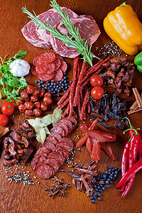 肉类和香肠木板营养香菜火腿牛肉烧烤猪肉厨房胡椒沙拉图片