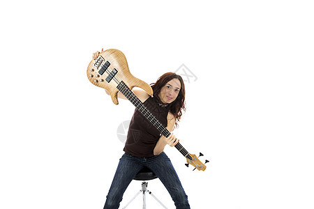 配贝斯吉他的女人微笑乐器女士艺术成人女性低音花梨木音乐家吉他手图片