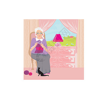 高级妇女编织花瓶爱好针织眼镜闲暇祖母羊毛女士椅子电线图片