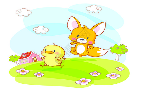 卡通动物松松鼠和小鸡天空插画家插图花园松鼠蜜蜂卡通片公园树木玫瑰图片