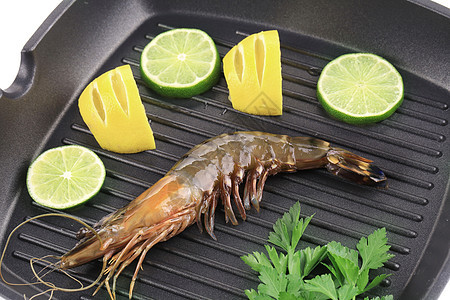 黑锅上的虎虾午餐甲壳水产海鲜养殖营养饮食柠檬美食动物图片