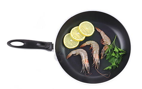 新鲜虾加柠檬在锅上营养贝类甲壳白色饮食平底锅美食水产午餐海鲜图片