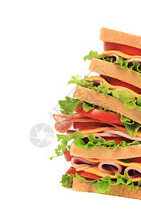 大三明治和新鲜蔬菜芝麻熏制种子食物火腿面包小吃沙拉家禽垃圾图片